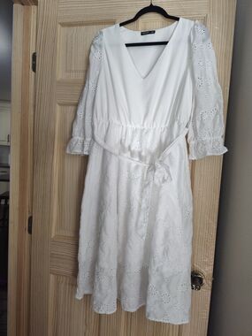 SHEIN White Eyelet V-Neck Wrap Midi Dress